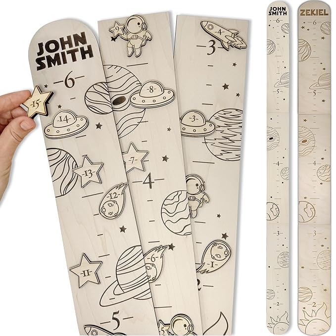 Wooden Height Chart for Wall - Personalized Boy Growth Chart, Custom Name Space Ship Theme Height Ruler Wood, Nursery Growing Wall Meter for Children, Large Baby Growth Chart Solar System, 2 Sizes