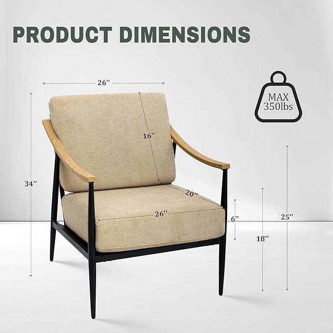 Modern Accent Chair for Living Room Bedroom Mid Century Arm Chair Upholstered Office Accent Chair Comfy Waiting Room Chair with Metal Frame, Khaki