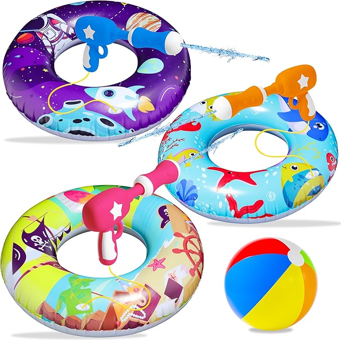 FindUWill Pool Floats with Water Guns Kids, Inflatable Pool Swim Tubes with Beach Ball, Pool Floaties Toys Inner Tube with Squirt Guns for Kids Ages 8-12, Beach Swimming Party Toys for Adults