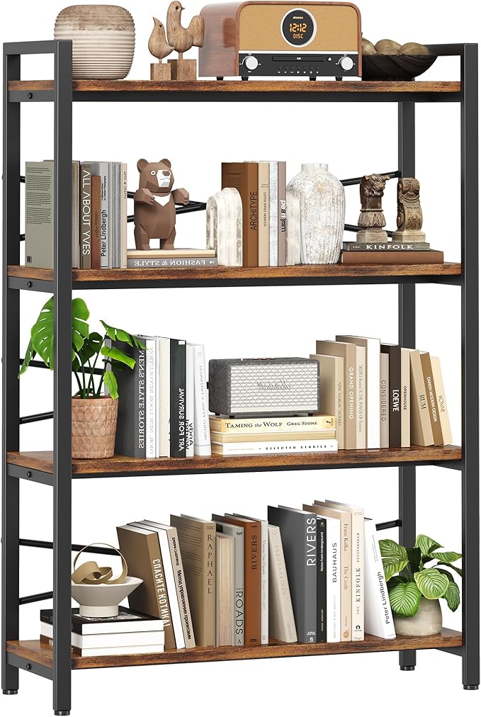 4 Tier Bookshelf 31.49" Width, Tall Book Shelf Storage and Organization, Wooden and Metal Industrial Bookcase, Large Book Shelves for Home Living Room Bedroom Office Storage(Vintage)