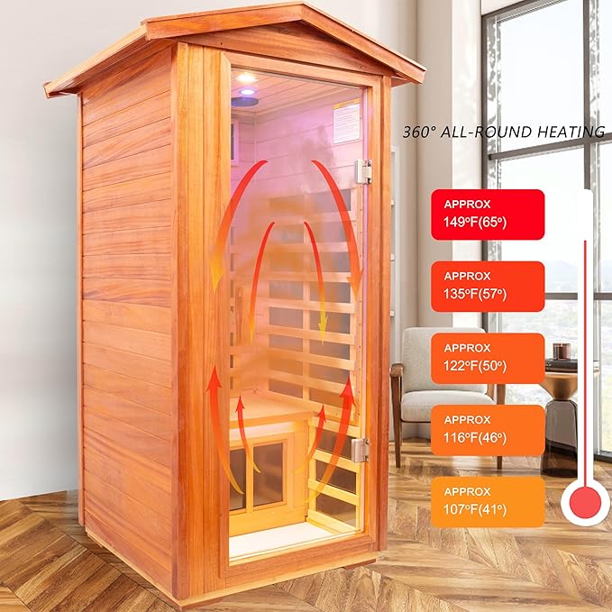 Mahogany Outdoor Sauna, 1 Person Far Infrared Sauna for Home, 1560W, with Bluetooth, LED Reading Lamp, Chromotherapy Lamp, for Indoor and Outdoor Wooden Sauna