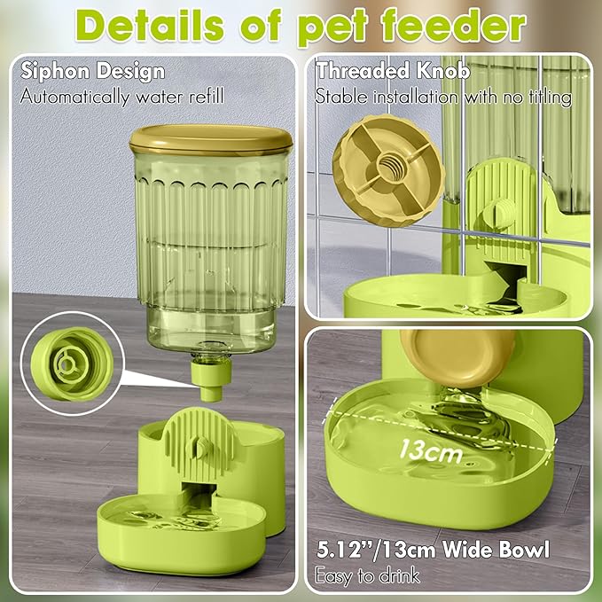 Hanging Small Pet Feeder and Water Dispenser, 1L Auto Cat Food Bowl and 0.8L Water Bottle Dispenser, Auto Gravity Pet Feeder and Waterer Set for Puppy, Kitten, Rabbit and Small Pets (Green)