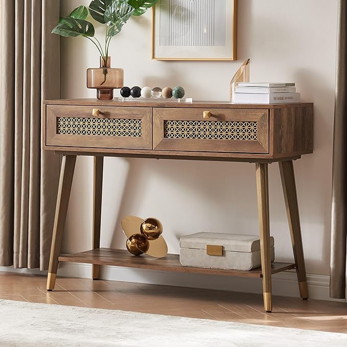 Narrow Sofa Table with Two Drawers and Shelf, Modern Style Wooden Console Table for Living Room, Entryway, Hallway, Rustic Oak
