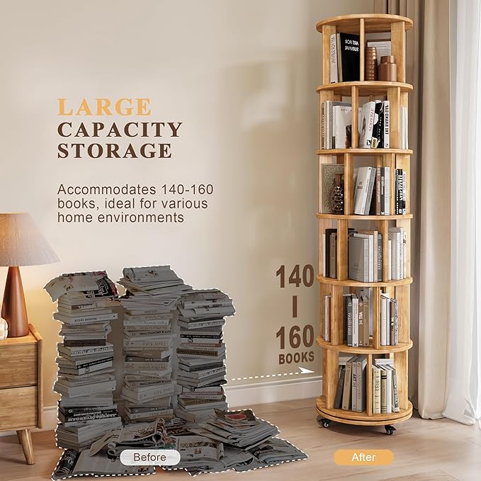 6 Tier Bookshelf Tower, 360° Solid Wood Spinning Bookcase with Swivel Wheels, Floor Standing Book Shelf for Small Space, Bookshelf for Home Office Study Room Bedroom Living Room