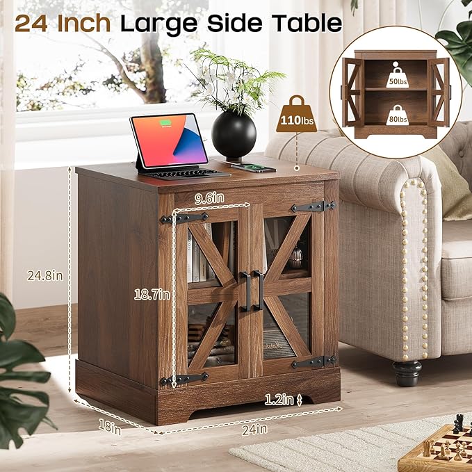Farmhouse Side Table with Storage Cabinet, End Table with Adjustable Shelf, Night Stand, Wood Nightstand with Charger Station, 24 End Tables Living Room, Rustic Bed Side Tables Bedroom, Walnut