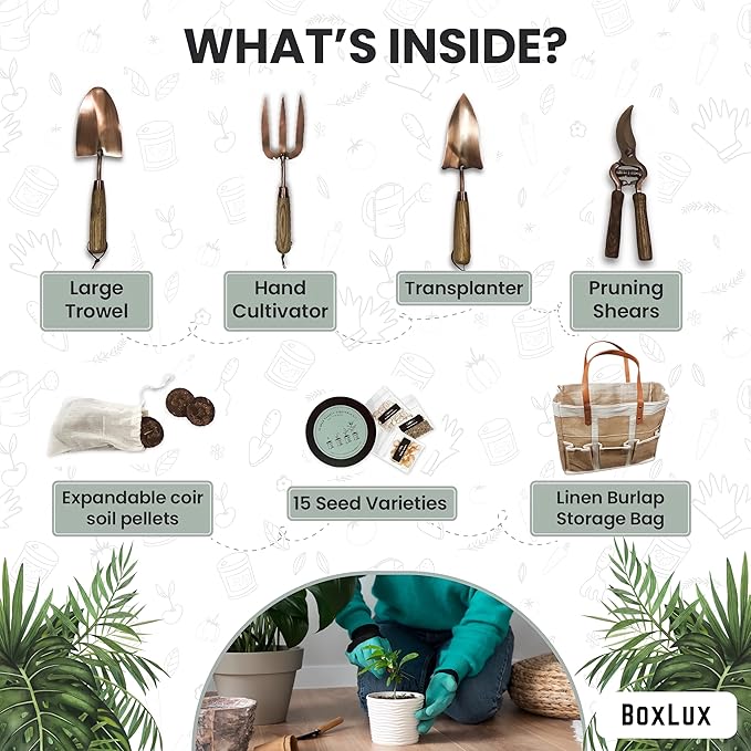 Copper Gardening Tools Gift Set, Over 1,700 Non GMO Vegetable Seeds, Heavy Duty Steel Tools for Planting, Garden Tool Kit for Women with Handbag and Coco Coir Soil Pellets, Birthday Gardening Gift Box