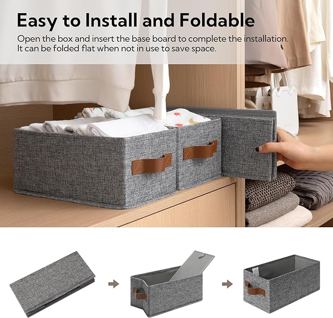 GRANNY SAYS Small Fabric Storage Bins with PU Handles, Storage Baskets for Shelves, Perfume Storage, Narrow Baskets for Organizing DVD, Photos, Aromatherapy, Scarf, Diaper, Cd, 3-Pack, Gray