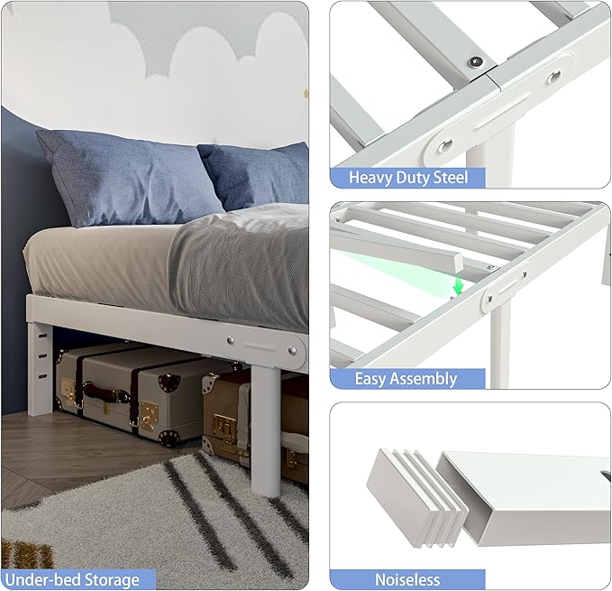 White Full Size Bed Frame 16 Inch, Metal Full Bed Frame No Box Spring Needed, Heavy Duty Steel Support 3500 LBS, DIY Headboard, Noiseless, Round Corner Legs, Storage Space, Easy Assembly