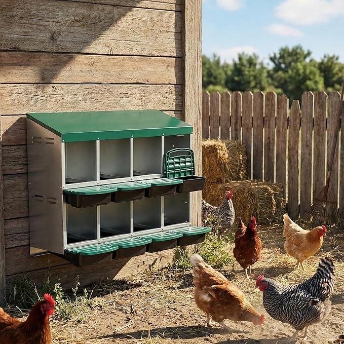 8 Compartment Chicken Nesting Box with Roll Away Egg Design - Wall Mount Hen Laying Box with Pull-Out Trays for Easy Egg Collection, Cleanable & Chicken Coop Accessories, 8 Holes, Green