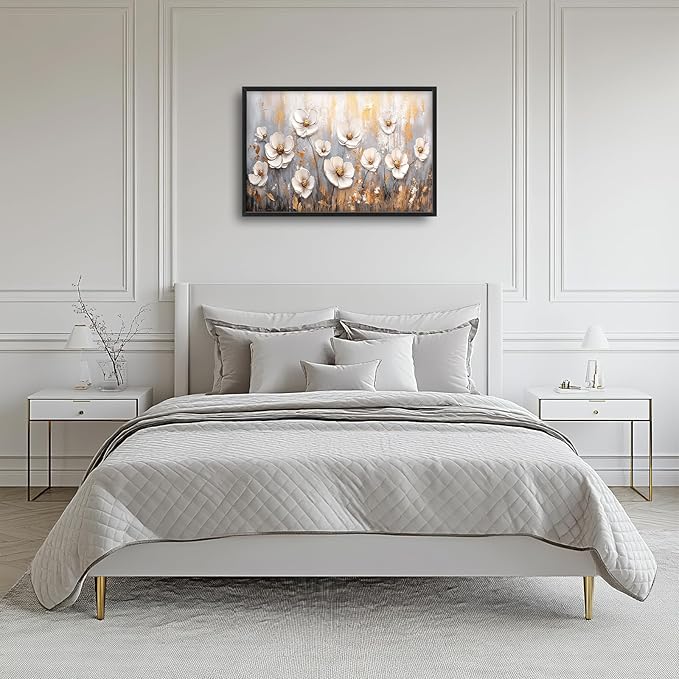 Olivine Flower Large Wall Art, White Floral Pictures Wall Decor, Retro Flowers Paintings Canvas Prints, Framed Artwork for Dining Room Bedroom Living Room Office Bathroom Home Decoration 36"x24"