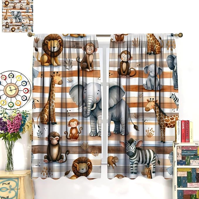 Kids Animal Curtains Elephants Giraffes Monkeys Lions Zebras Window Treatment for Kids Boys Girls Nursery Baby Bedroom Playroom Home Decor Window Drapes 63" W X 72" L