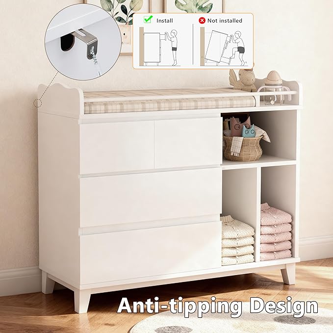 Baby Changing Table Top, Multi-Functional Nursery Changing Table, 4 Drawers with 2 Open Shelves, Bedroom, White