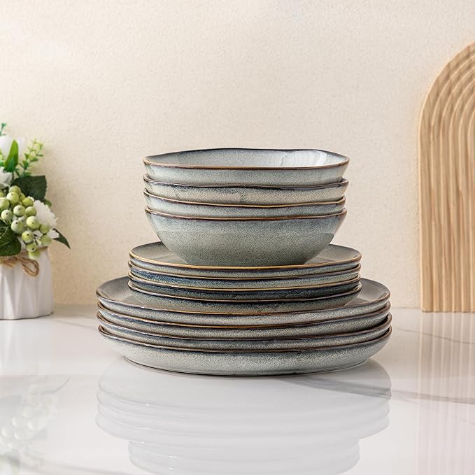 AmorArc Ceramic Dinnerware Sets,Handmade Reactive Glaze Stoneware Plates and Bowls Sets,Highly Chip and Crack Resistant | Dishwasher & Microwave Safe Dishes Set,Service for 4 (12pc)