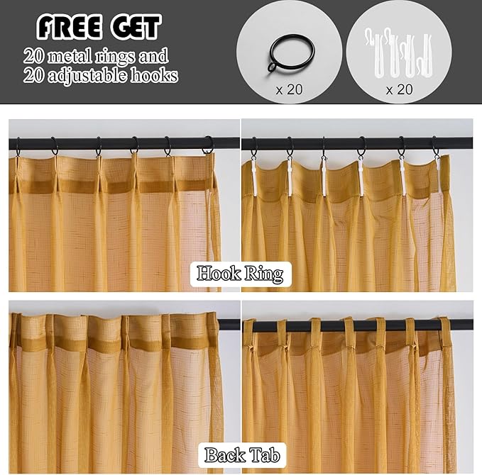 Mustard Gold Linen Look Pinch Pleated Sheer Curtains 102 Inches Long 2 Panels, 50 Inches Width, Rustic Light Filtering Drapes, Mustard Yellow Floor to Ceiling Window Curtain with Hooks
