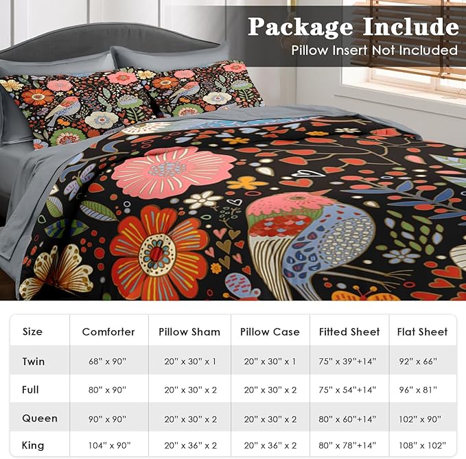 Comforter Set Full Size, Retro Floral Bird 7 Pcs Bedding for Kids and Adults, Vintage Chinese Flower Bed Sheet Sets with Fitted Sheet 2 Pillowcases & 2 Shams for Bedroom Bed Decor