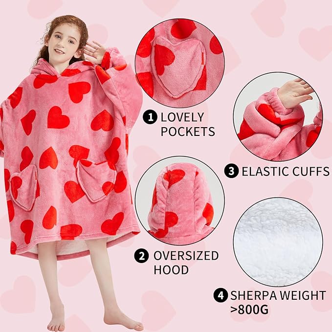 Fiosnow Love Print Blanket Hoodies for Kids 6-13YR Oversize Wearable Blanket Hoodies for Boys Girls Teens