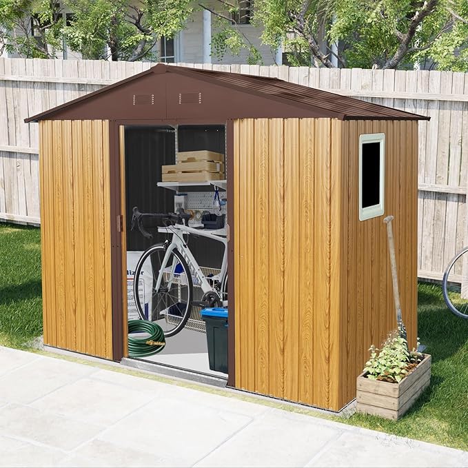 4x8 FT Outdoor Storage Shed, Metal Garden Shed with Frame Floor, Outside Tool Shed with Window, Waterproof Storage Building with Lockable Sliding Doors & Sloped Roof for Backyard, Patio, Coffee