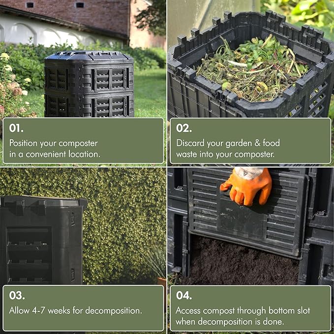 VonHaus Compost Bin for Garden 360L – Composter with Slatted Design for Aeration, Rainwater Collection, Side Flap & Lid – Outdoor Compost Converter – Frost & UV Resistant - Black