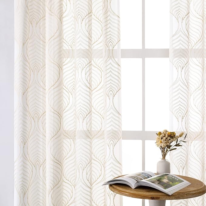 VISIONTEX Sheer Curtains 63 Inch Length 2 Panels Set Beige Moroccan Embroidery Texture Geometric Rod Pocket Ivory White Voile Tulle Semi Window Treatment Pair for Bedroom Living Room 54 x 63 Inches