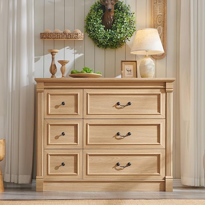 Farmhouse 6 Drawers Dresser for Bedroom, 48" Wide Large Dressers & Chests of Drawers w/Roman Column, Storage Dressers Organizer for Bedroom, Hallway, Living Room, Natrual