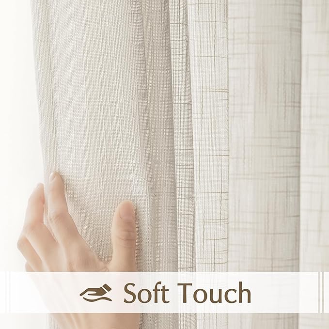FMFUNCTEX Linen Semi Sheer Curtains 45 Inches Long for Bedroom Living Room, Beige Curtain Panels Sheer Linen Textured Window Drapes Farmhouse Light Filtering Natural 2 Panels Rod Pocket