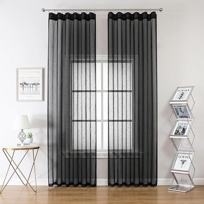 Black Linen Look Sheer Curtains 90 Inches Long 2 Panels, Rustic Textured Light Filtering Drapes, Dark Moody Window Decor, Pinch Pleat Curtain with Hooks