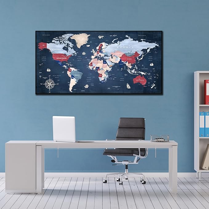 ZHAOSHOP World Map Wall Art for Living Room - Blue Wall Decor for Office - Large Framed Canvas Wall Art Ready to Hang Size 29" x 59"