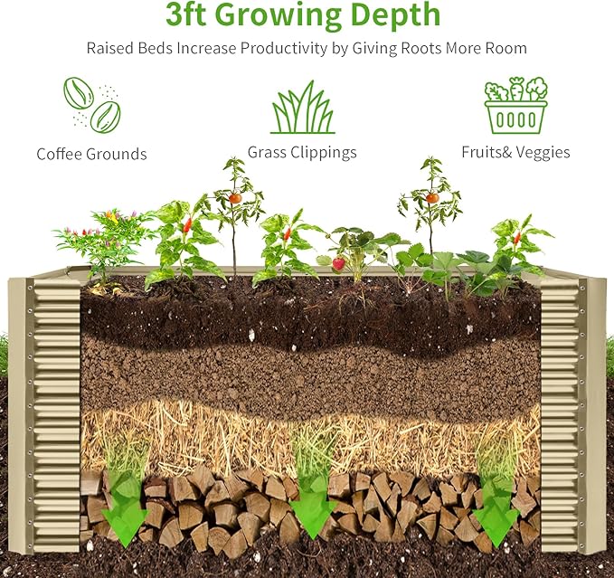 Land Guard 8x4x3ft Rectangular Galvanized Raised Garden Beds, Large-Capacity Metal Planter Box Outdoor, Durable Deep Raised Garden Bed 3ft Tall, Raised Beds for Gardening Vegetables, Cream Yellow