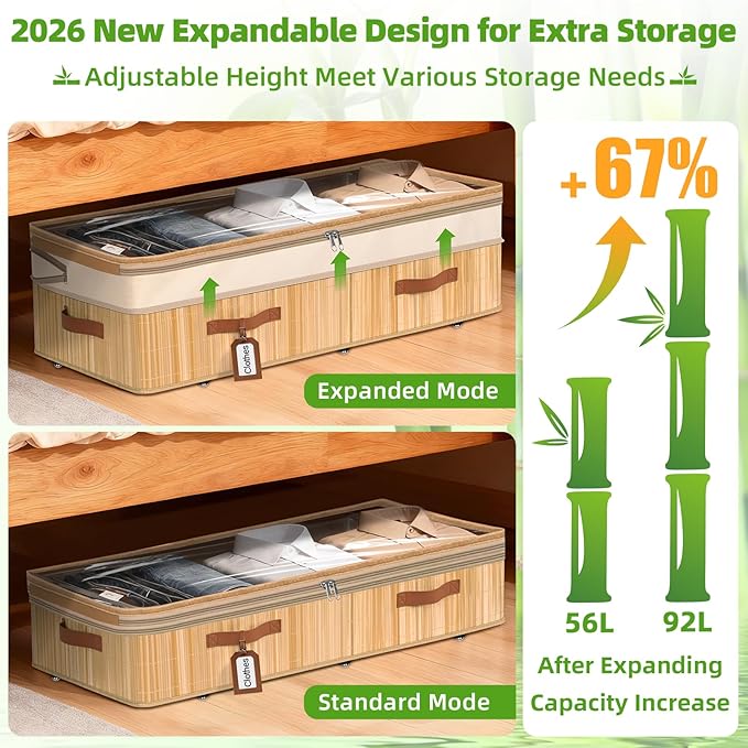 Livole Bamboo Under Bed Storage with Wheels, 6-10 inches Height Adjustable Underbed Storage Containers, 92L XXXL Large Rolling Under Bed Storage Bins for Clothes, Blankets, Sweater, Shoes, 1 Pack