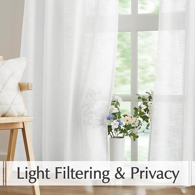 FMFUNCTEX Linen Semi Sheer White Curtains for Bedroom Living Room, Curtains 96 Inches Long Sheer Linen Textured Window Drapes Farmhouse Light Filtering 2 Panels Rod Pocket