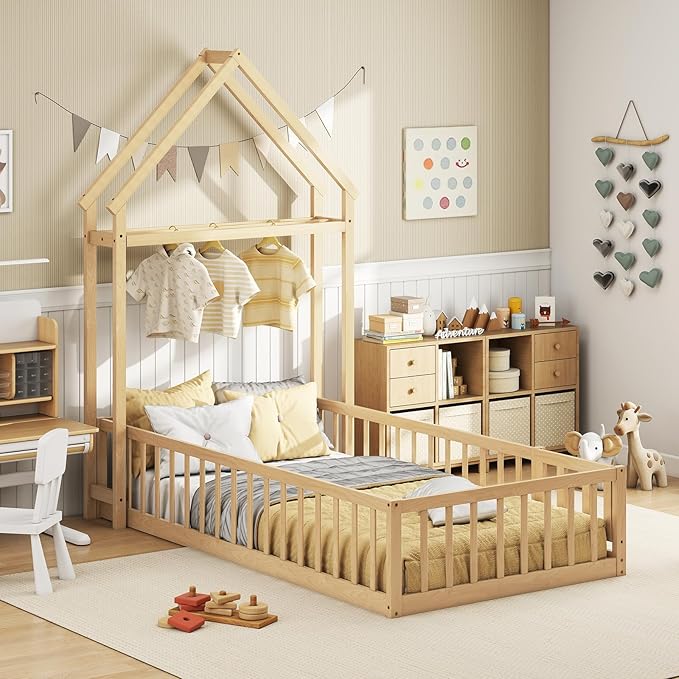 KOMFOTT Twin Size Floor Bed with House-Shaped Headboard, Kids Montessori Floor Bed with Detachable Clothes Hanger, Full Length Safety Guardrails, Door & Latch, Solid Wood Floor Bed Frame
