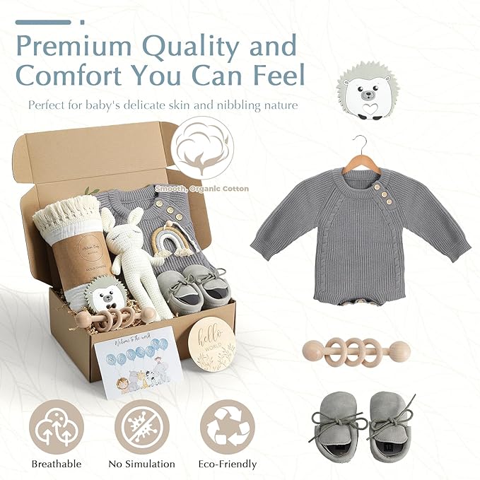 meloom Baby Gift Set, Baby Boy Newborn Gifts Box, Boho Gender Neutral Unisex Baby Essentials, Baby Shower Gifts for New Moms, New Baby Gifts for Boys, Personalized Gift Basket for New Babies