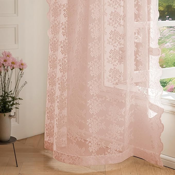 Anmao Vintage Lace Curtains 96 Inches Long 2 Panels Set, Romantic Elegant Light Filtering Semi Sheer Floral Thick Lacy Curtain Drapes for Living Room and Bedroom, Each Panel 55W x 96L, Blush Pink