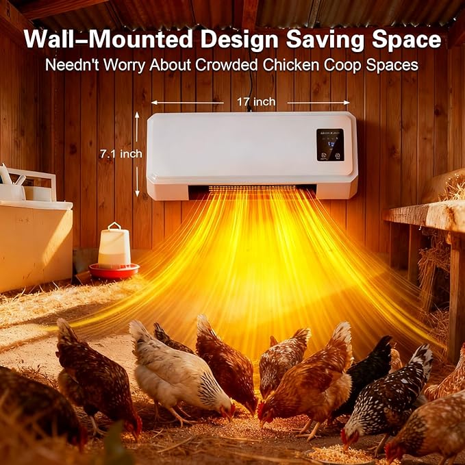 1500W Chicken Coop Heater for Winter, Wall-Mounted 2 Mode Poultry Heater with 5S Fast Heating, Adjustable Temp 77~99℉, Safe Heater for Chicken/Pets/Bird