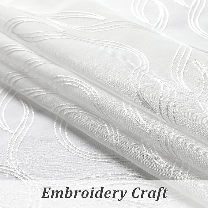VISIONTEX Sheer Curtains, White Moroccan Embroidery Texture Geometric Rod Pocket White Voile Tulle Semi Window Treatment Pair for Bedroom, W54 x L54