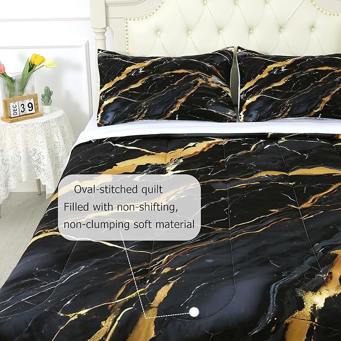 Black Marble Comforter Queen: Abstract Black and Gold Comforter Set Modern Marbling Luxury Quilt Bedding Set 3PC for Men Women Adults Bedroom 1 Comforter & 2 Pillowcases