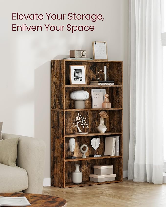 VASAGLE Custos Collection - Bookshelf, 5-Tier Bookcase, Book Shelf, Open Storage Shelf, 9.4 x 30 x 52.8 Inches, for Living Room, Home Office, Dinning Room, Rustic Brown ULBC175X01