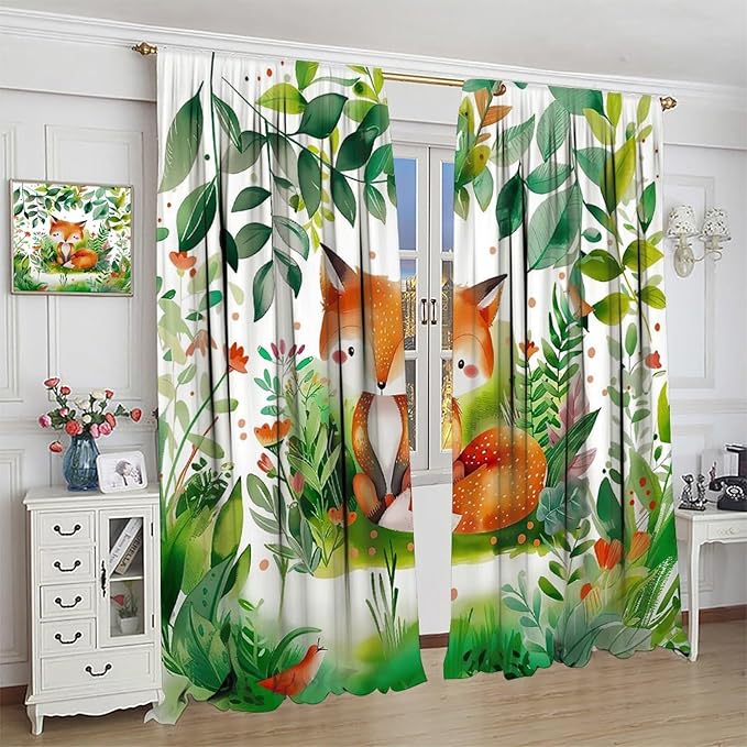 Kids Fox Blackout Curtain Cute Cartoon Fox Window Treatment for Girls Boys Bedroom Wildlife Woodland Animal Botanical Plant Window Drapes for Living Room Teens Nursery W42xL63
