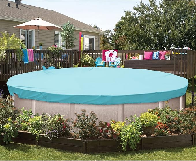 ECOOPTS Waterproof Round Polyester Pool Cover for Above Ground Pools, Swimming Pool Cover Protector Winter Safety Cover (10 ft, Turquoise)