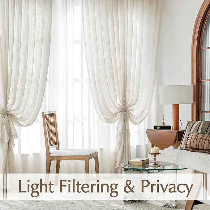 FMFUNCTEX Linen Semi Sheer Curtains 54 Inch Length for Bedroom Living Room, Beige Curtain Panels Sheer Linen Textured Window Drapes Farmhouse Light Filtering Natural 2 Panels Rod Pocket