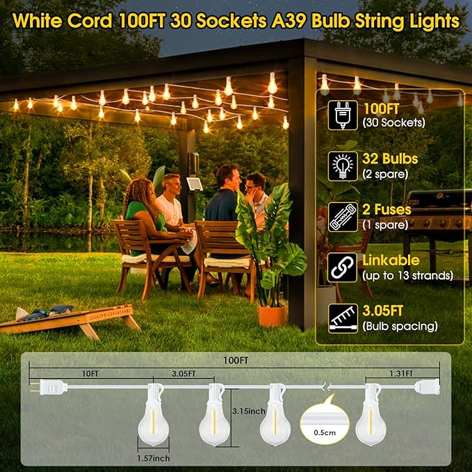 100FT Outdoor String Lights, LED Patio Lights