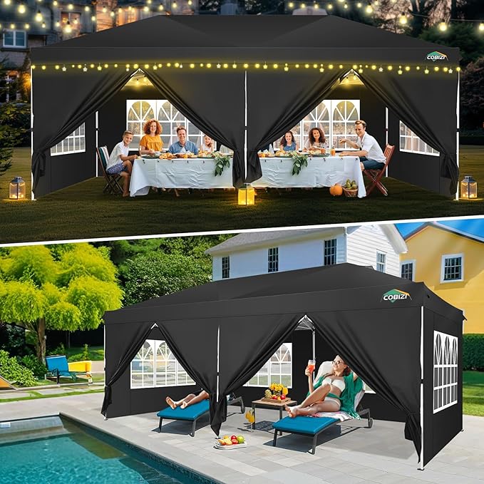 COBIZI 10x20 Pop Up Canopy Tent with 6 Removable Sidewalls,Waterproof & UV 50+ Easy Up Canopy,Commercial Gazebo with Air Vent,4 Sand Bags,4 Stakes & 8 Ropes,Tents for Parties/Camping/Backyard,Black