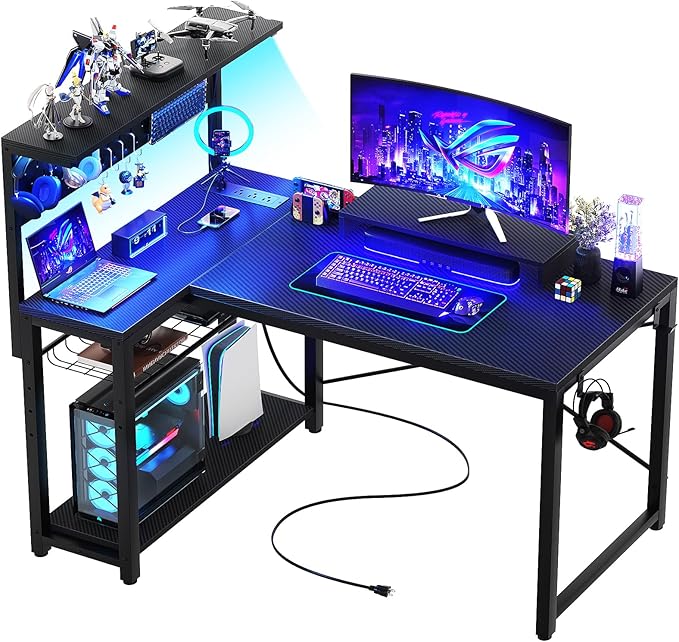 Homieasy Small Gaming Desk with Power Outlets Pegboard LED Light, 43 Inch L Shaped Computer Desk with Monitor Stand Storage Shelves, Reversible Corner Desk with Headset Hooks, Carbon Fiber Black