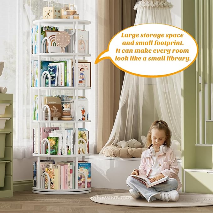 Aheaplus 5 Tier Rotating Bookshelf Tower, 360 Display Spinning Bookcase, Revolving Round Book Shelf Narrow Swivel Bookshelf, Vertical Turning Spiral Corner Book Organizer for Small Space, White