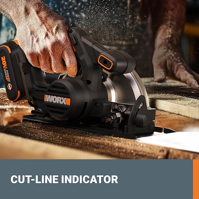 Worx 20V Cordless Electric Circular Saw 6-1/2'' Max. 2-3/16" Cutting Depth 4700 Rpm 0-50° Bevel Capacity 2.0 Ah Battery and Charger Included WX526L