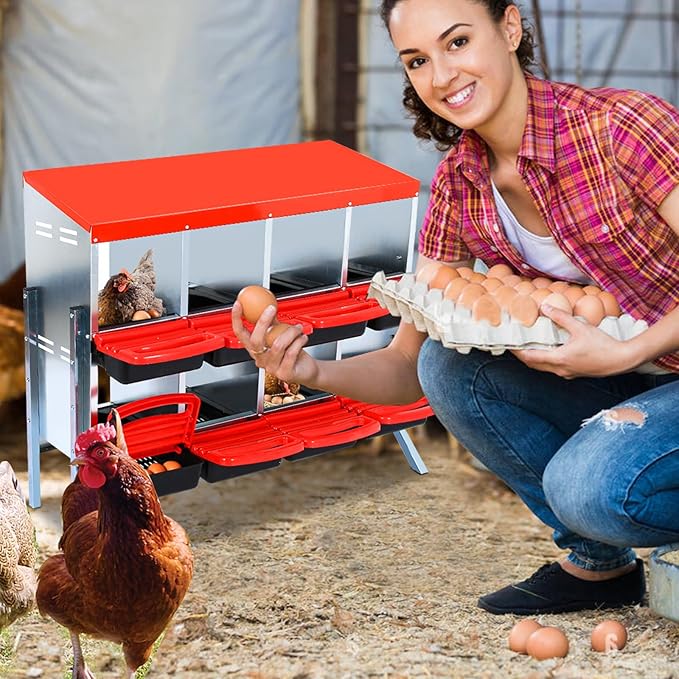 Chicken Nesting Boxes 6 Compartments Chicken Laying Boxes Roll Away Egg Collection Metal Poultry Nest Box with Perch and Lid Cover Free Standing Egg Laying Boxes for Hens Chicken