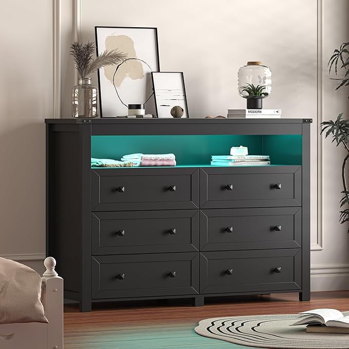 Dresser for Bedroom with 6 Drawers, Wide Chest of Drawers with LED Light and Power Outlet, Wooden Closet Organizer Clothes Storage Cabinet, Modern Double Dressers for Living Room, Hallway, Black