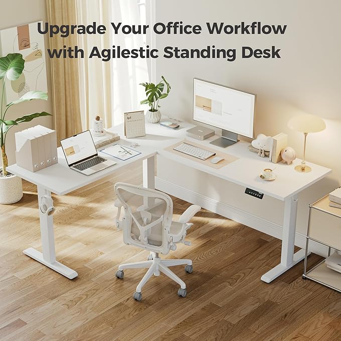 Agilestic 63 x 55 Inch L Shaped Standing Desk Adjustable Height, Corner Standing Desk, Sit Stand Up Computer Table, Splice Board, White