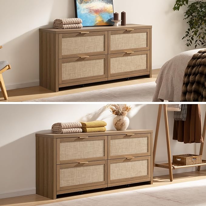 SICOTAS Large Dresser for Bedroom Set 2, Rattan Dressers with 4 Deep Drawers, Long Chest of Drawers for Closet, Farmhouse TV Stand (Reclaimed Caramel Oak, 4 Drawers (2 pcs))
