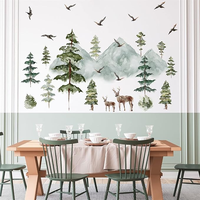 Mountain Wall Decals Large Pine Tree Wall Decals Peel and Stick Forest Tree Deer Birds Woodland Animal Decal Mountain Trees Stickers for Kids Room Nursery Decor